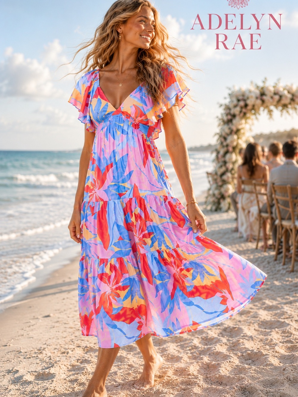 NWT Anthro’s Adelyn Rae,Caroline Flutter Sleeve,Vibrant Floral Dress,Size M